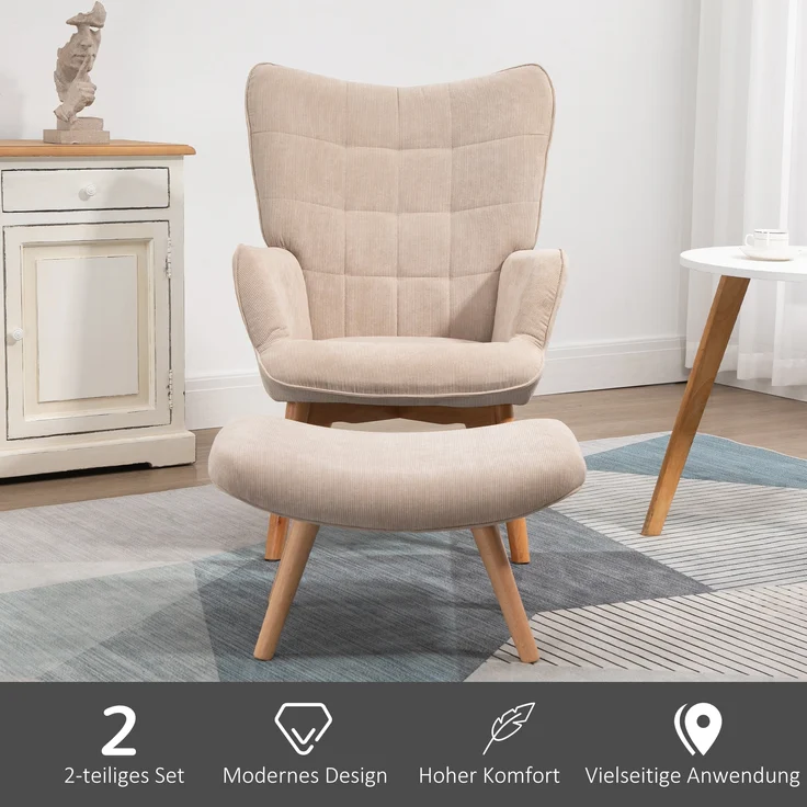 Sessel 72x80x101 cm mit Hocker, Cord-Bezug, Buchenholz‑Beine, beige – Bild 6