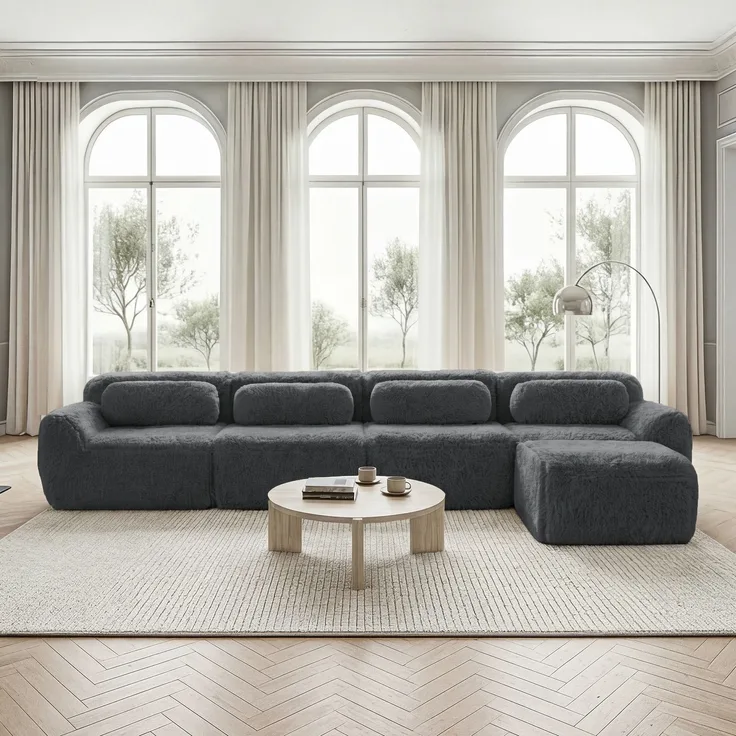 Ecksofa aus Plüsch mit modularem Design & ohne Montage, grau