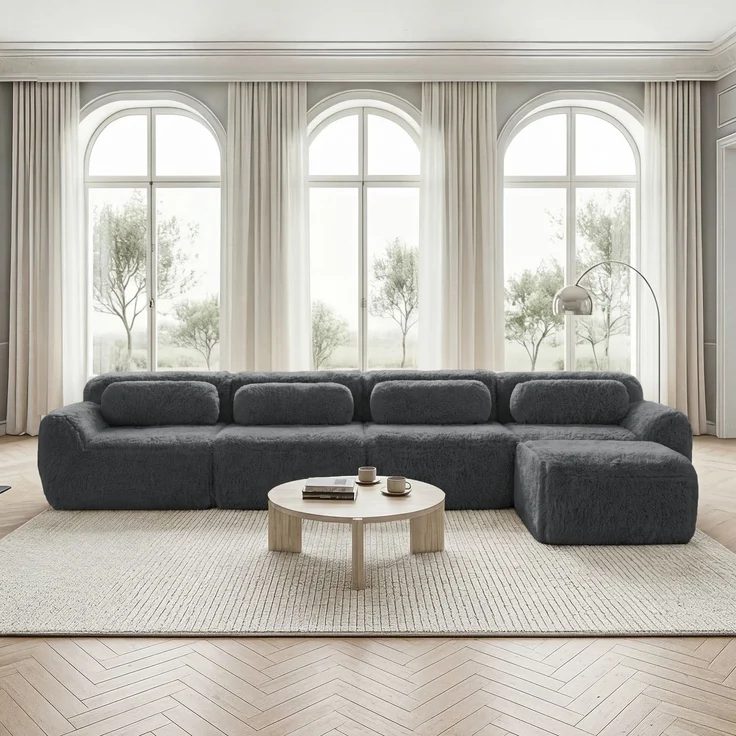 Ecksofa aus Plüsch mit modularem Design & ohne Montage, grau – Bild 1