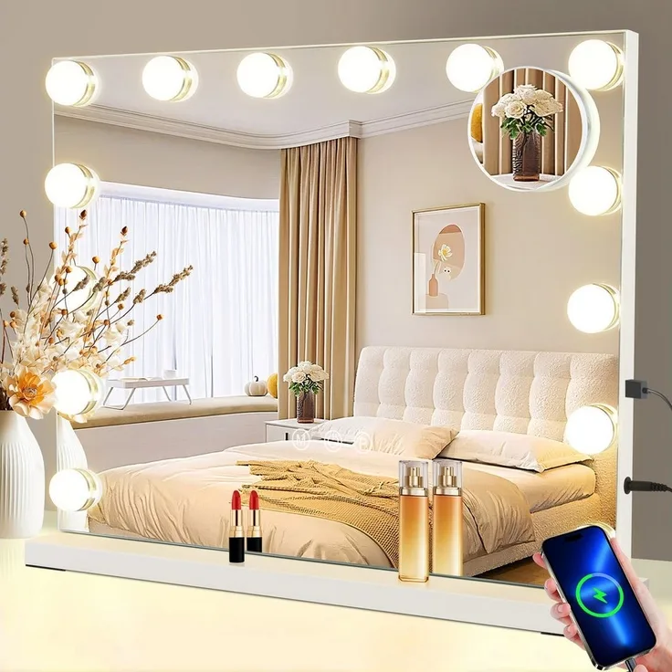 Nettlife Schminkspiegel mit Beleuchtung Dimmbare 50x40cm Hollywood 15 LED Spiegel, mit 3 Beleuchtungsmodi Touch Steuerung und Abnehmbare Lupe
