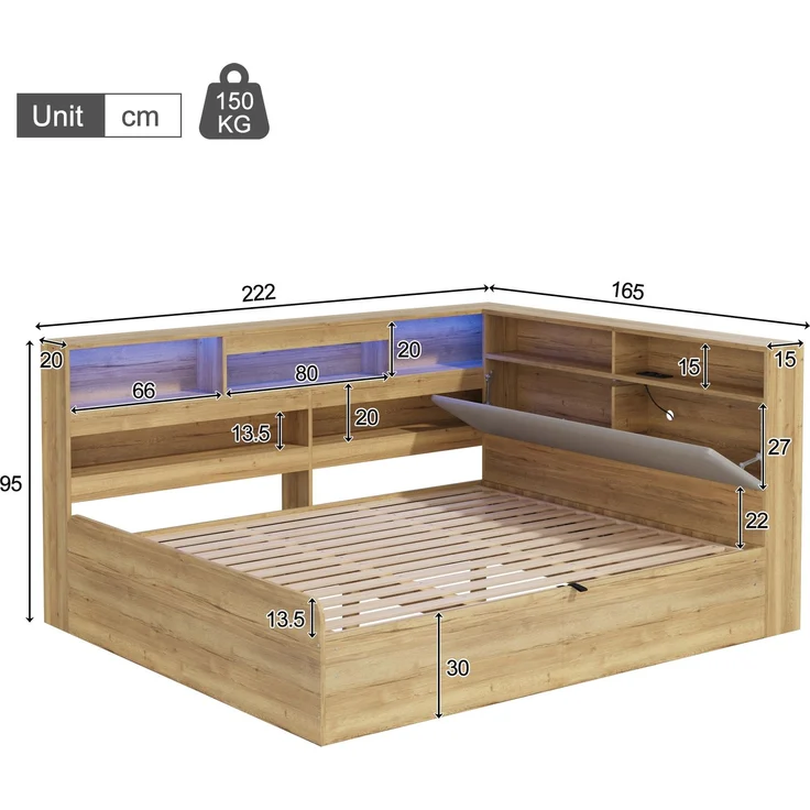 Merax Kinderbett 140x200 cm, Holzbett, Jugendbett, Daybett, Hydraulisches Stauraumbett, mit USB-Ladestation und LED-Beleuchtung, Naturfarbe – Bild 4