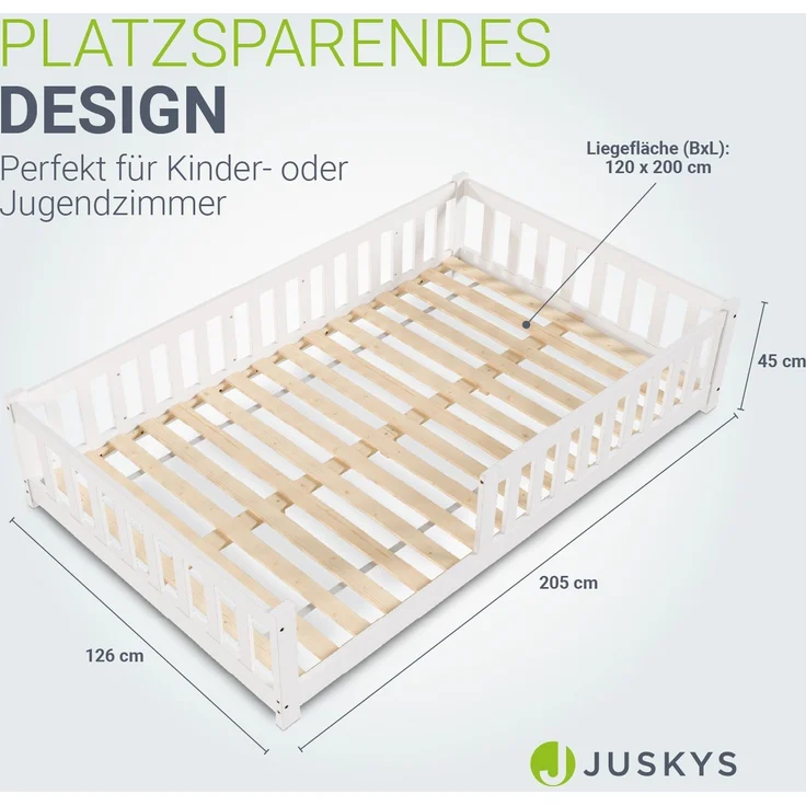 Juskys 'Naya' Kinderbett - mit Matratze, Rausfallschutz & Lattenrost - Bodenbett für Kinder 3 -10 Jahre - Holz Weiß, 120x200 cm – Bild 1