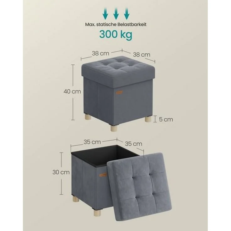 SONGMICS Sitzhocker mit Stauraum, Hocker faltbar, 38 x 38 x 40 cm, Aufbewahrungsbox mit Deckel, Fußhocker 37 L, Samt, bis 300 kg belastbar – Bild 3