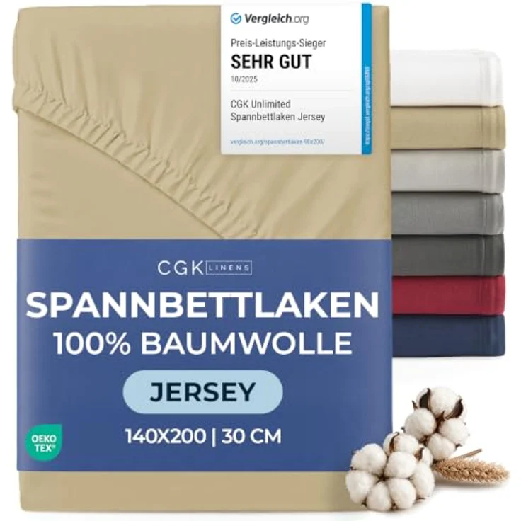 Spannbettlaken Jersey 140x200 - Baumwolle Boxspringbett 30cm tief - Beige | Spannbetttuch, Rundumgummi, Dehnbar, Weich, Atmungsaktiv, Knitterfrei, Pflegeleicht, Baumwoll-Jersey, Bis 30cm, OEKO-TEX – Bild 1