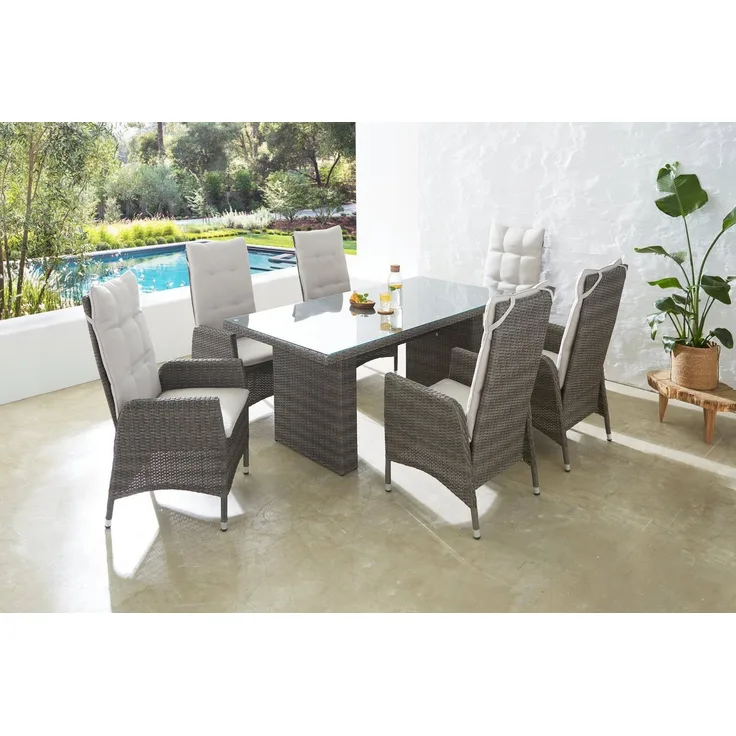 KONIFERA Garten-Essgruppe Casablanca, (Set, 7-tlg, 6x Sessel, 1x Tisch 180x90x74 cm, Stahl/Polyrattan), inkl. Auflagen