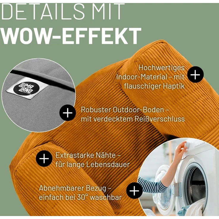 Lumaland Modular Sessel - Cord-Reihe | Indoor Sitzsack mit Softer Struktur, ideal Modulen | Bean Bag für Wohnzimmer & Co. - 96 x 72 x 70 cm – Bild 6