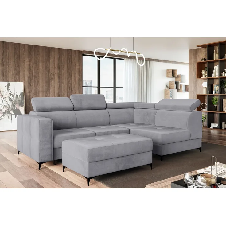MEBLINI Schlafcouch mit Bettkasten - DORIAN - 263x232x89cm Rechts - Grau Samt - Ecksofa mit Schlaffunktion - Sofa mit Relaxfunktion und Kopfstützen - Couch L-Form - Eckcouch - Wohnlandschaft