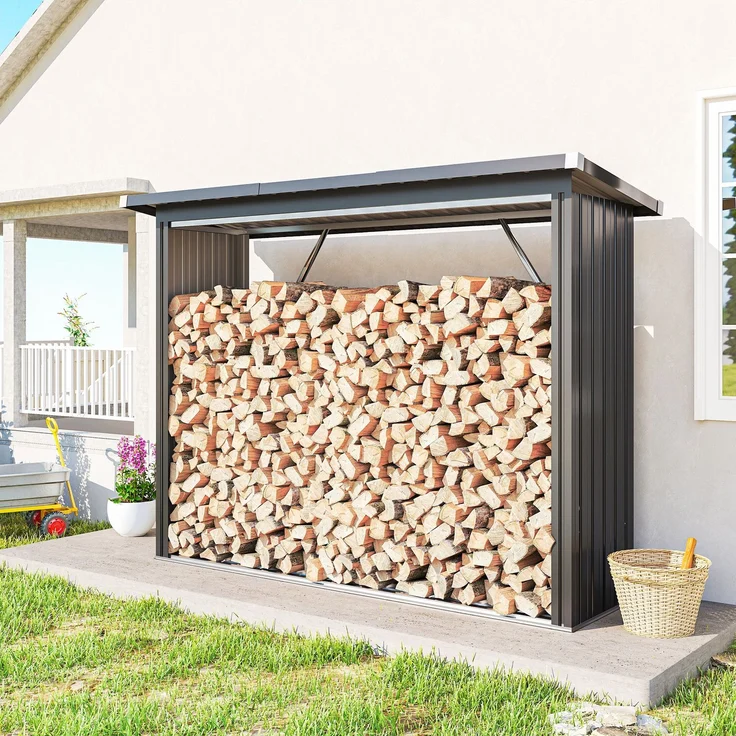 Outsunny Kaminholzregal, Verzinkter Stahl, Dunkelgrau, 213L x 66,5B x 150H cm – Bild 2