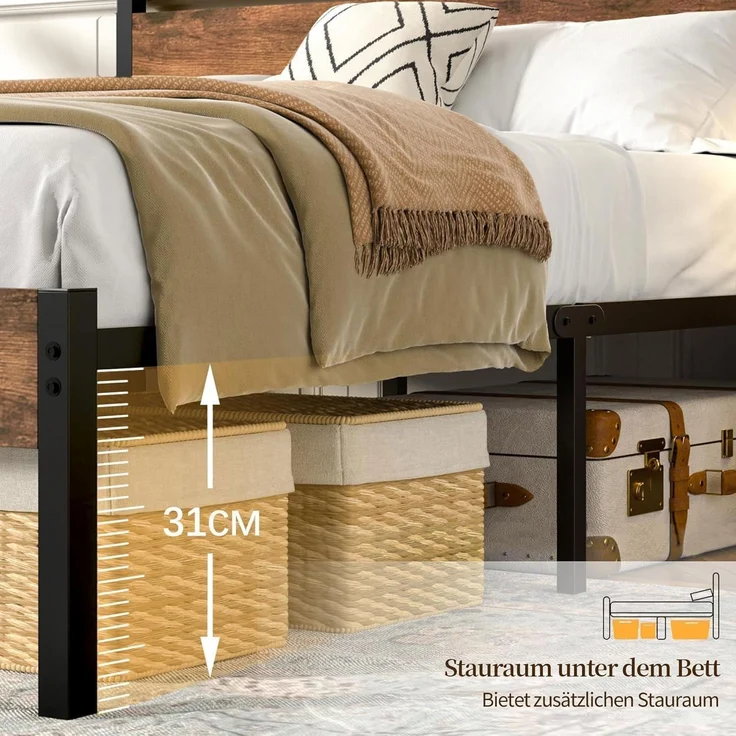 VECELO Bettgestell 140x200 cm, Doppelbett mit Holzkopfteil und stabilem Metalllattenrost, 320 kg Tragkraft, 31 cm Stauraum, Einfache Montage, Industrie-Stil, Braun – Bild 6