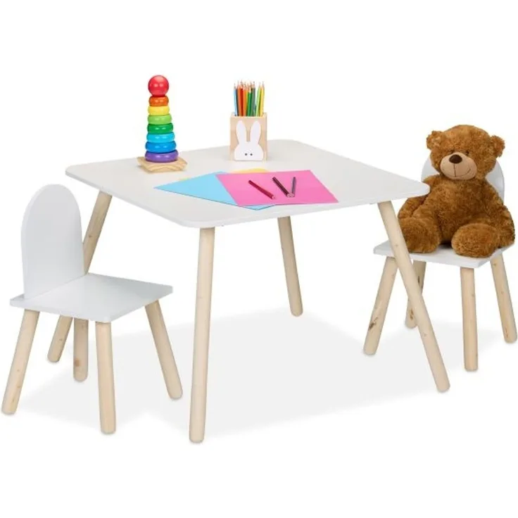 Relaxdays Kindersitzgruppe, 3-TLG, Kindertisch mit 2 Stühlen, Mädchen & Jungen, Sitzecke fürs Kinderzimmer, weiß/Natur