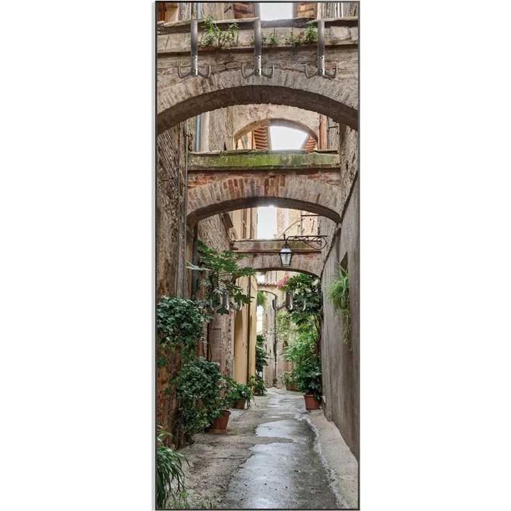 Wallario Garderobenpaneel Grüne italienische Gasse - mit alten Bögen (1-teilig, inkl. Haken), 50x125 cmHolz – Bild 1