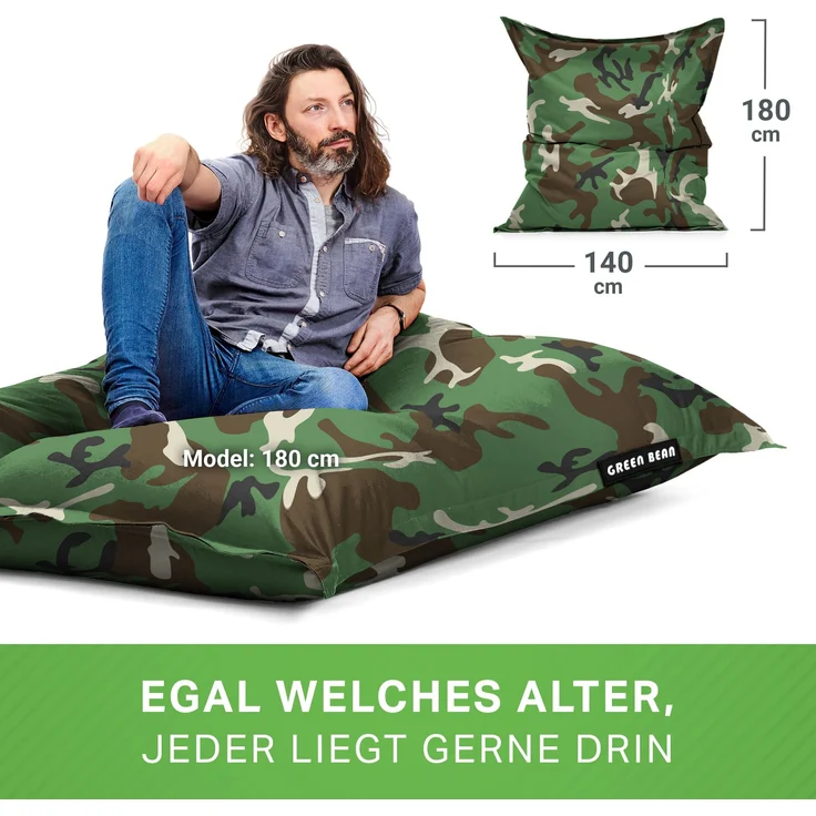 Green Bean® Sitzsack XXL 140x180cm 380 Liter Kinder & Erwachsene Bean Bag EPS Perlen Füllung Outdoor Riesensitzsack - waschbares und wetterfestes Lounge Sitzkissen - Camouflage Grün – Bild 5