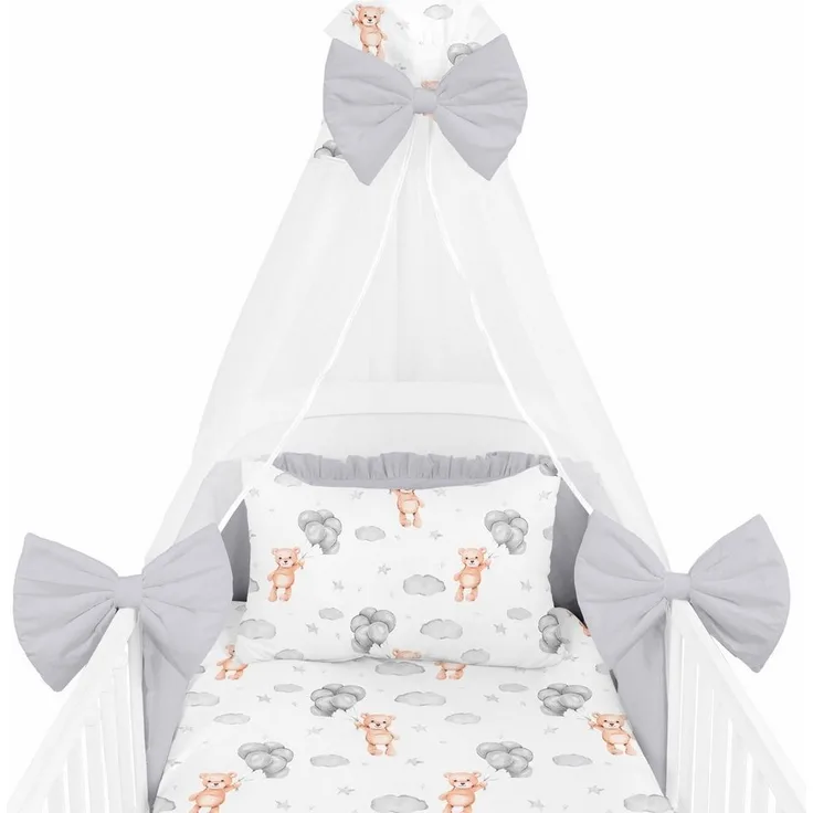 Amilian Babybettwäsche Set 7-teilig - Bettwäsche 100x135 - Kissenbezug 40x60 - mit Himmel, Chiffonhimmel, 7 teilig, Komplett-Set für Babybett, Gitterbett - Kinderbettwäsche