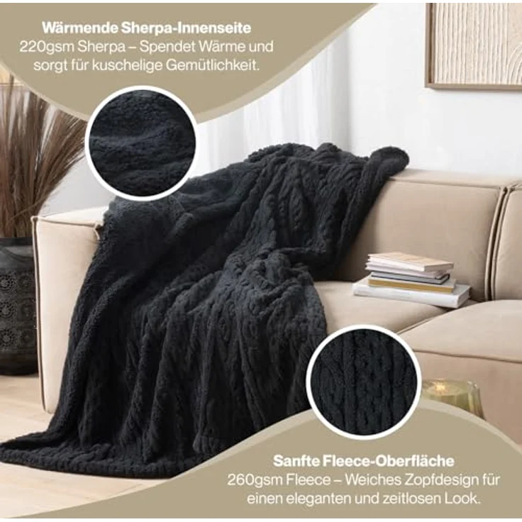 Blumtal Wohndecke, Oeko-TEX zertifiziert, waschbar, weiche Sherpa-Innenseite, Schwarz, 130x150 cm – Bild 6