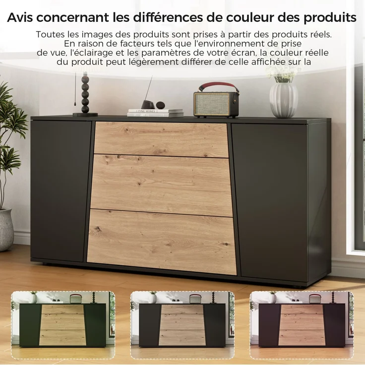 DESVIAE Sideboard Schwarz/Naturholzoptik aus MDF/Spanplatte – 140x70x35 cm – 3 Schubladen, 2 Türen – Bild 5