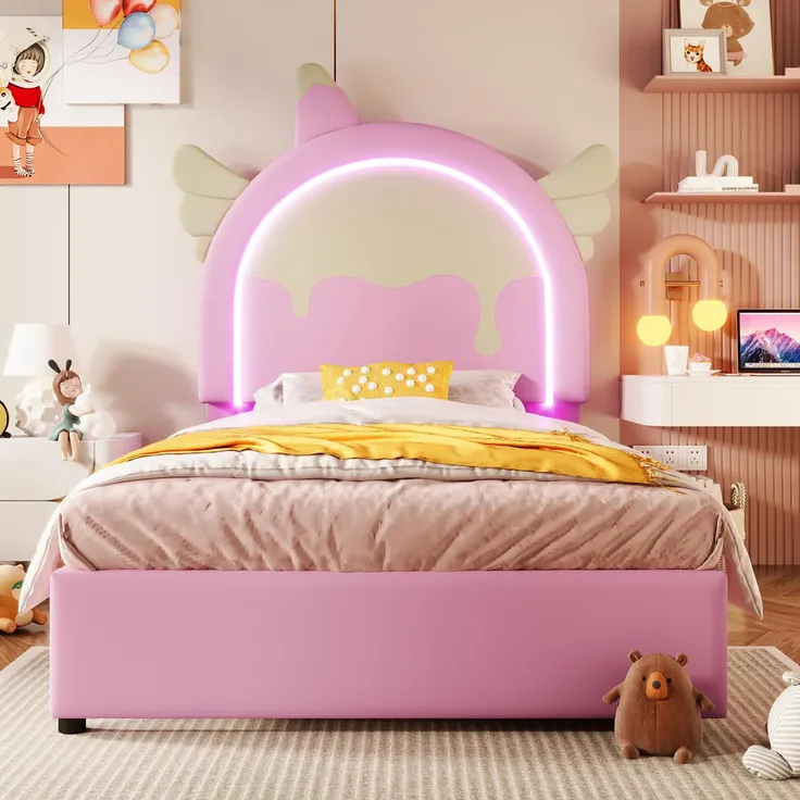 Prinzessinbett mit LED-Beleuchtung, Kopfteil und Schubladen, 90x200cm, Mädchenbett, Polsterbett für Mädchen, Einzelbett, Kunstleder – Bild 3