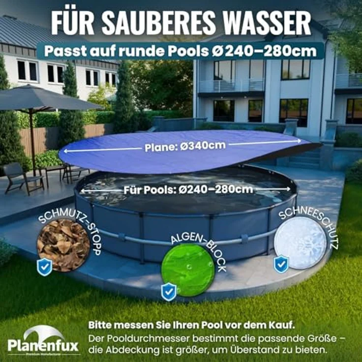 Planenfux® Pool-Abdeckplane Poolplanen rund PE Material - Blau (PARENT), Ø 244 - 280 cm Poolabdeckung rund aus verstärktem 200g/m² PE Material – Bild 3