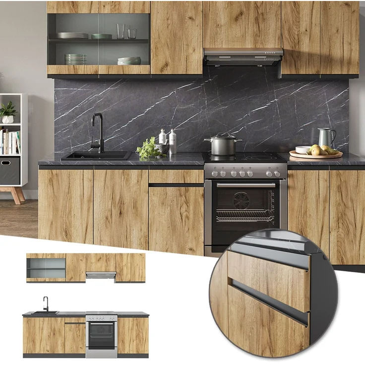 Küchenzeile R-Line Goldkraft Eiche/Anthrazit 240 cm J-Shape Vicco – Bild 2