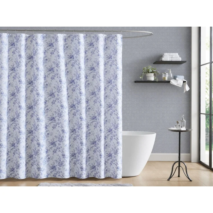 Duschvorhang mit Blumen-Digitaldruck wasserdicht und schimmelresistent Blau-Weiß, 165x180 cm – Bild 2