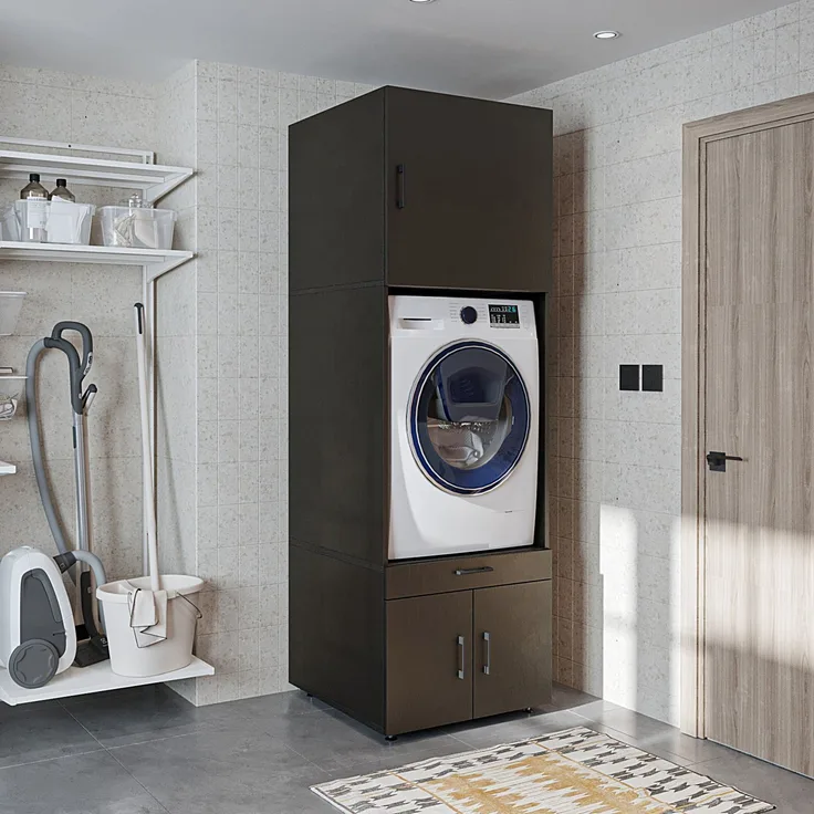 Roomart Waschmaschinenschrank 205 cm – Überbau, Ausziehbrett, Schublade | • Schwarz-Eiche