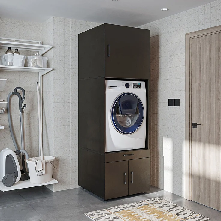Roomart Waschmaschinenschrank 205 cm – Überbau, Ausziehbrett, Schublade | • Schwarz-Eiche – Bild 1