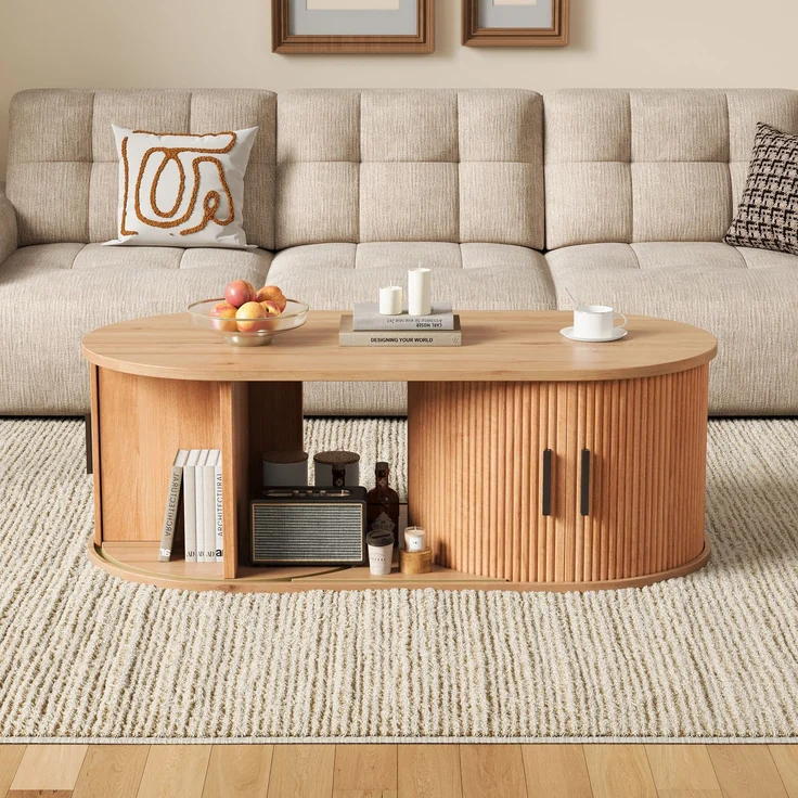 Couchtisch 100 x 50 x 33 cm, mit ovaler Tischplatte, mit verdeckt liegendem Stauraum, aus MDF und Spanplatte, Naturfarben – Bild 3