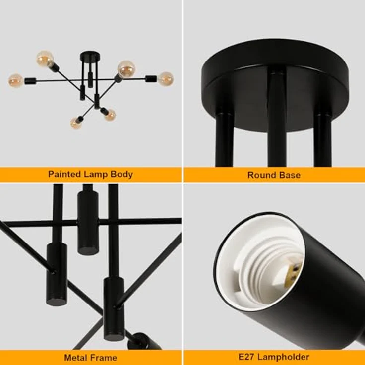 Goeco Deckenlampe Schwarz Vintage, 6 Flammig E27 Fassung Industrial Kronleuchter, Retro Deckenleuchte Sputnik für Schlafzimmer Küche Wohnzimmer, 70CM MAX. 60W (Glühbirnen Nicht Inbegriffen) – Bild 6