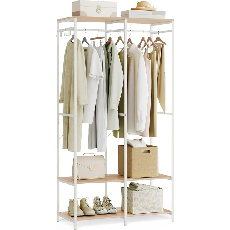 SONGMICS Kleiderschrank offen, Kleiderständer, Garderobenständer, Garderobe mit Kleiderstange, Ablagen, abnehmbare Haken, 40 x 94,5 x 180 cm, naturbeige RGR004W67 – Bild 1