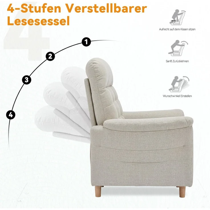 COMHOMA Relaxsessel Fernsehsessel mit Verstellbarer Rückenlehne 4-Gang-Verstellung bis 160°,Federkissen mit Hocker Einzelliege Sessel Wohnzimmer Schlafzimmer Heimkino Leinen, BEIGE – Bild 5
