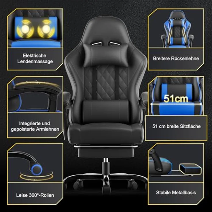 JUMMICO Gaming Stuhl mit massagefunktion, ergonomischer Gaming Stuhl,EIN Gamingstuhl mit Lendenkissen, Fußstütze und Kopfstütze,PC - Stuhl, Tragfähigkeit 150 kg - Blau – Bild 10