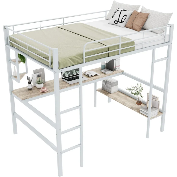 Weißes Metall-Hochbett 140×200cm mit Schreibtisch, 4 kleinen Eckregalen + großem Bücherregal, Stahl+E1-MDF, Weiß, ohne Lattenrost & Matratze, Gesamt L204 × T145 × H180 cm – Bild 1