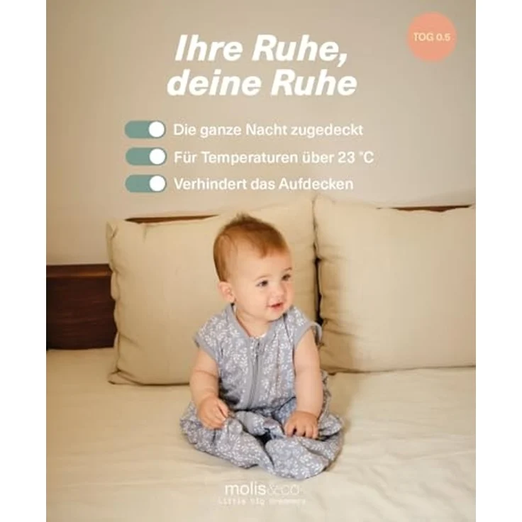 molis&co - Baby Schlafsack 0.5 TOG - Sommerschlafsack für Jungen - Neugeborene Babyschlafsack ohne Ärmel - 100% Baumwolle (Oeko-TEX 100), Premium Qualität - Blue Garden (70 cm) – Bild 5