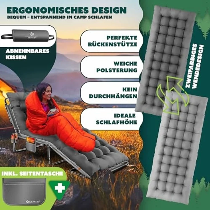 KESSER Campingbett klappbar mit Tragetasche, Nackenkissen, Vakuumtasche & Getränkehalter, Oxford-Gewebe anthrazit / grau, 68 x 190 x 30 cm – Bild 3