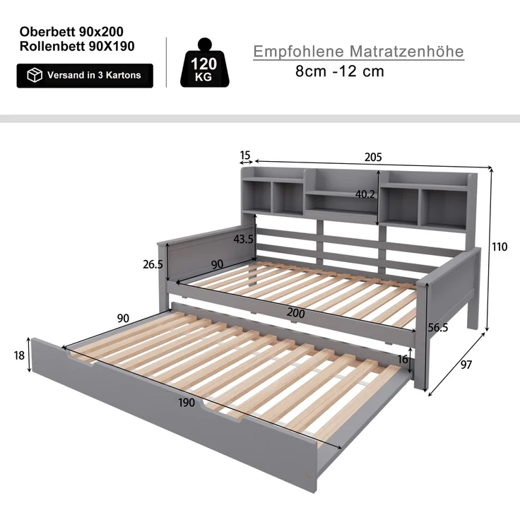 EINHOM Ausziehbares Schlafsofa 90 x 200 cm cm Massivholz, Ausziehbett 90 x 190 cm cm, mit Staufach und Lattenrost, Kiefer Multifunktionsbett, Einzelbett, Grau, (Ohne Matratze) – Bild 2