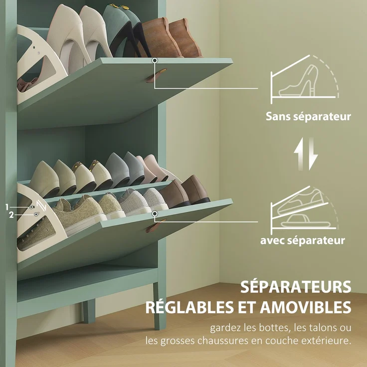 Schuhschrank für 14 Paar Schuhe, Schuhschrank mit 2 Klappschubladen, herausnehmbaren und verstellbaren Einlegeböden, grün – Bild 7