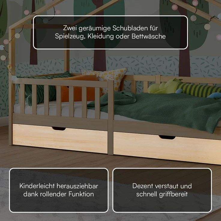 Bellabino 'Bia' Hausbett 90x200 cm mit 2 Schubladen, natur, Kiefer Massivholz, Montessori Kinderbett mit Stauraum, inkl. Rausfallschutz und Lattenrost – Bild 7