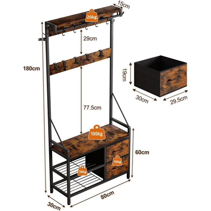Yorbay Kleiderständer Garderobenständer mit Schuhregal & Sitzbank – 17 Haken, 2 Schuhreihen, (80x30x180 cm), 2 Stoffschubladen,Flurgarderobe für Diele, Wohnzimmer – Bild 3