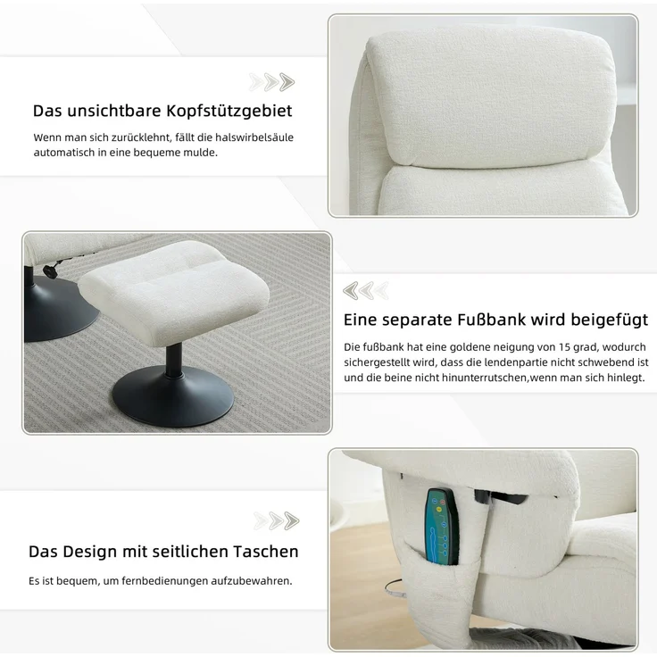 DESVIAE Sessel mit Hocker, Massage- und Heizfunktion, 75,5x100x77 cm, Chenille Weiß – Bild 8