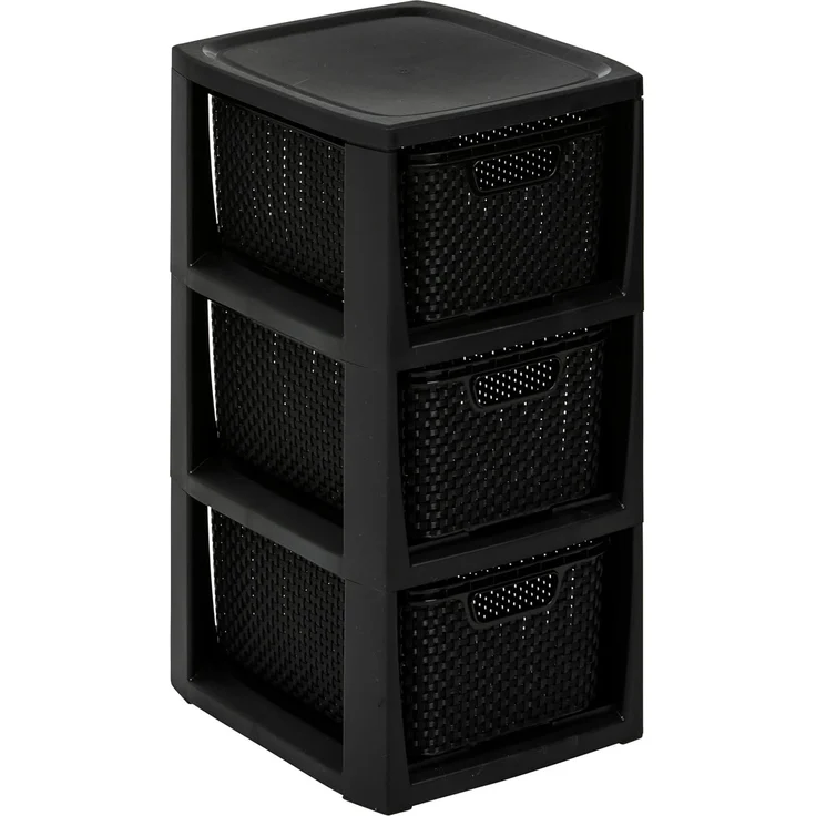 BranQ - Home essential Regal in Rattan Design, BPA-freie Kunststoff PP, Schwarz, 29,5 x 24 x 48,7 cm, 3 Körben