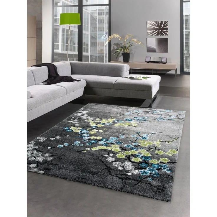 Carpetia Teppich Designer Teppich Kurzflor Wohnzimmerteppich Blumen grau türkis blau, rechteckig, Höhe: 13 mm – Bild 5