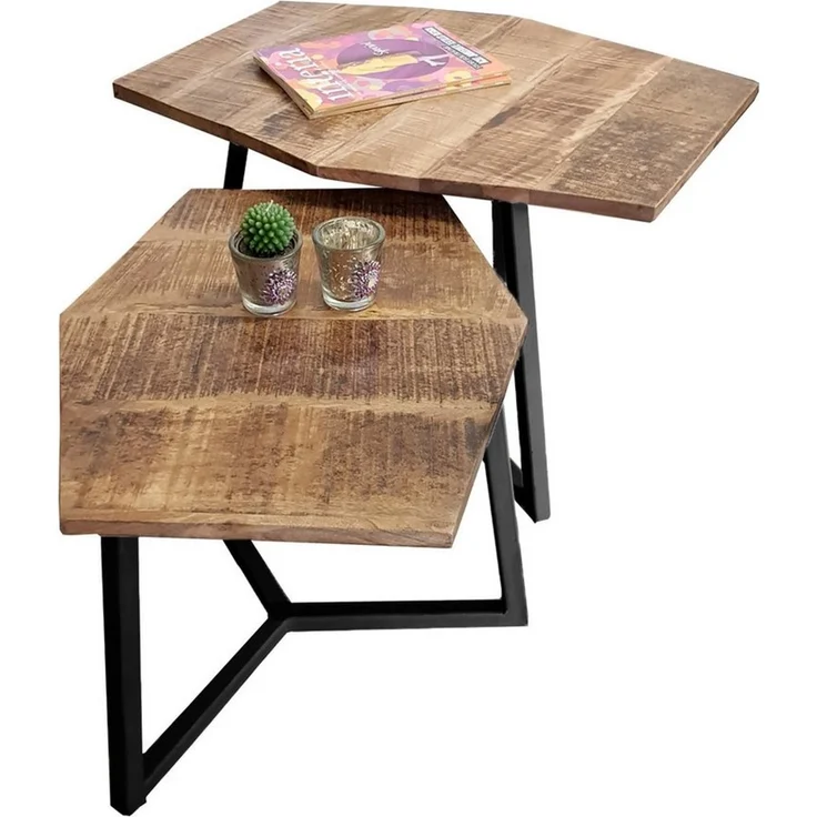 Amagohome Couchtisch 2er-Set sechseckige Couchtische München aus massivem Mangoholz & Eisen – Bild 5