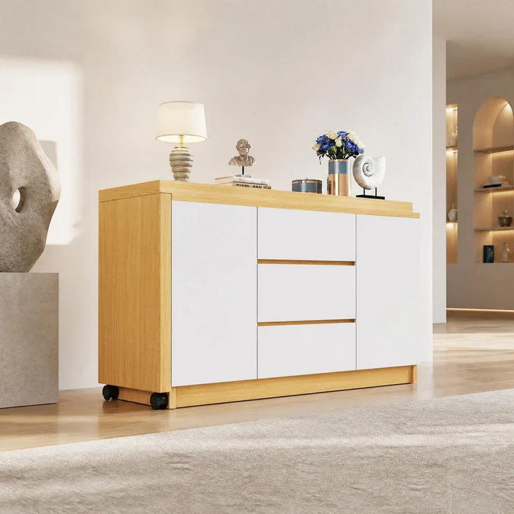 Schreibtisch 120x50x76,5 cm mit drehbarer Tischplatte, Schubladen und Rollen – Eiche/Weiß – Bild 3