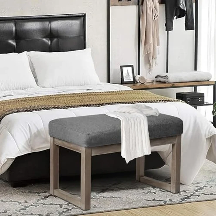 CangLong 70cm Rechteckiger Fußhocker Bequemer Stoff gepolstert Holzbank Sitz für Wohnzimmer, Schlafzimmer & Outdoor, Grau – Bild 2