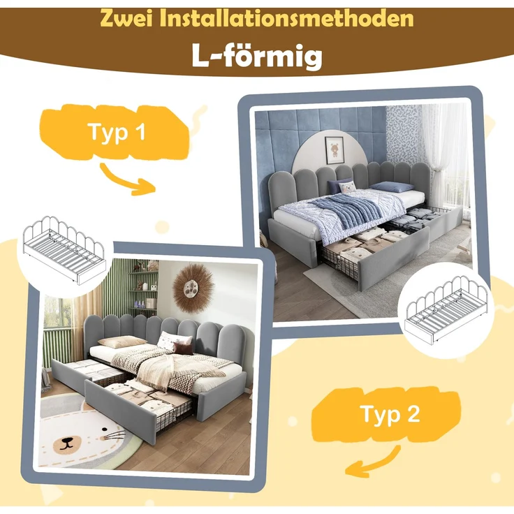 EINHOM Polsterbett Einzelbett mit Schubladen Stauraumbett Samt Daybett Tagesbett Schlafsofa 90 x 200 cm mit Lattenrost Jugendbett und Erwachsene Kinderbett, Grau (Ohne Matratze) – Bild 4
