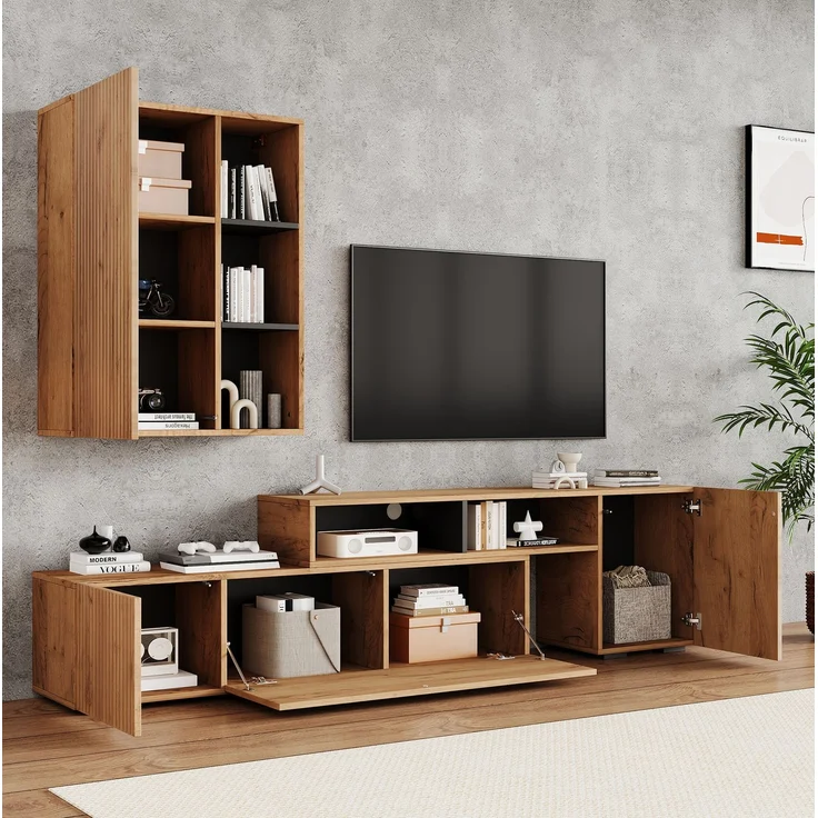 Wohnzimmer TV-Schrank-Set verstellbar & Wandschrank Holzfarbe & Schwarz, 3 Türen, 2 offene Schubladen, 1 halboffenes Regal – Bild 4