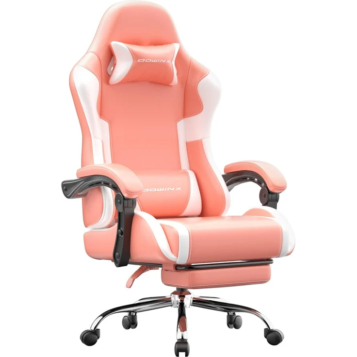 Dowinx Gaming Stuhl Bürostuhl Massage Gaming Sessel mit höhenverstellbaren Linkage-Armlehnen, ergonomischer Gamer Stuhl mit Fußstütze, gepolstert Gaming Chair 150° neigbar bis 180 kg, Rosa – Bild 1