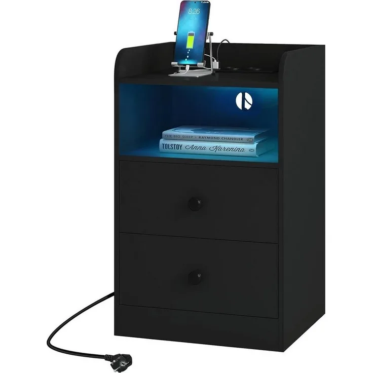 Woltu Nachttisch (1-St), Ladefunktion LED-Licht, 2 Steckdosen 2 USB