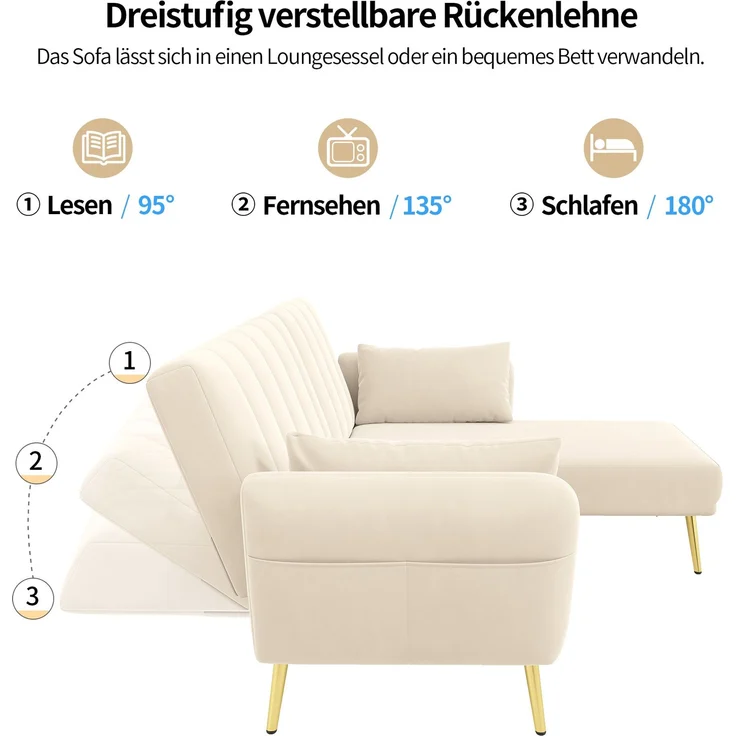 Merax Modernes Klappsofa, L-förmiges Sofa, Schlafsofa mit Zusatzecke, Ecksofa mit Schlaffunktion, Beige – Bild 6