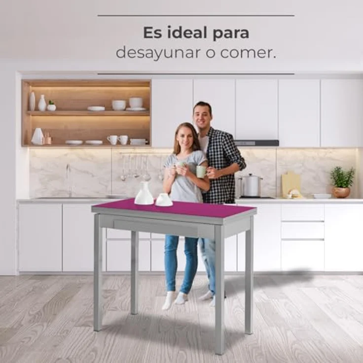 ASTIMESA - Küchentisch mit Schublade - Tisch mit Glasplatte in Aubergine - Minimalistisch - Gestell aus schwarzem Laminat - Ausziehtisch von 80x40 cm bis 80x80 cm – Bild 7