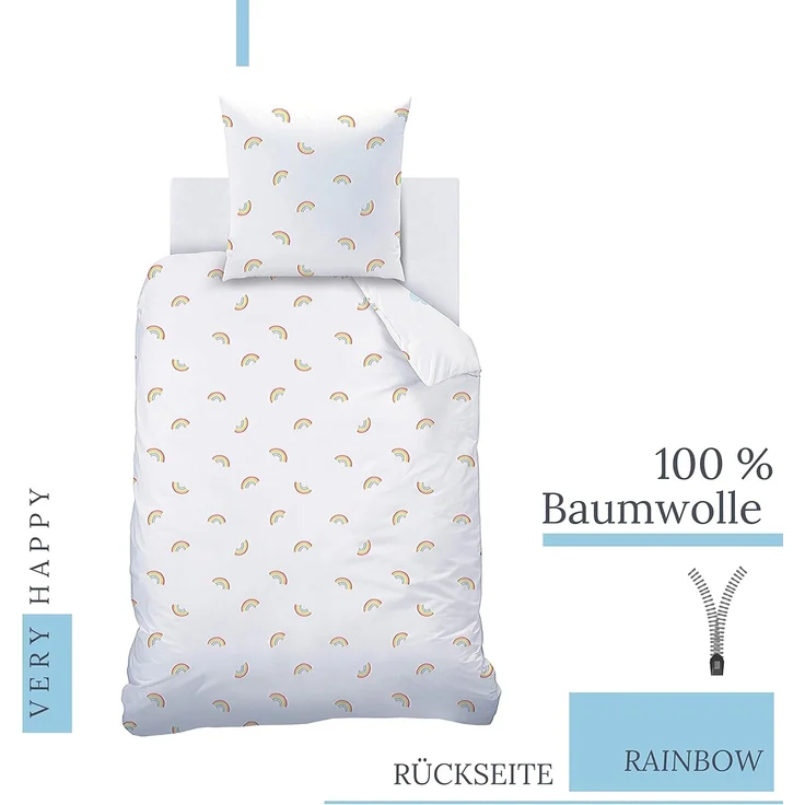 MTOnlinehandel Bettwäsche Regenbogen 135x200 + 80x80 cm, 100 % Baumwolle, Renforcé, 2 teilig, Happy Rainbow Kinderbettwäsche mit Wolken, Herzen & Sternen – Bild 3